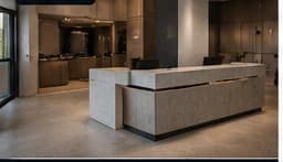 Commercial front of house with a stone-topped reception counter