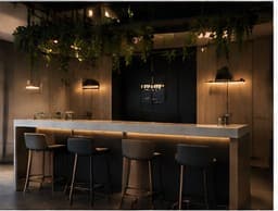 Hospitality bar counter with timber joinery, stone top and pendant lighting