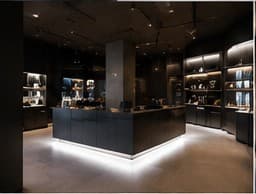 Retail interior with dark display joinery and a low island counter